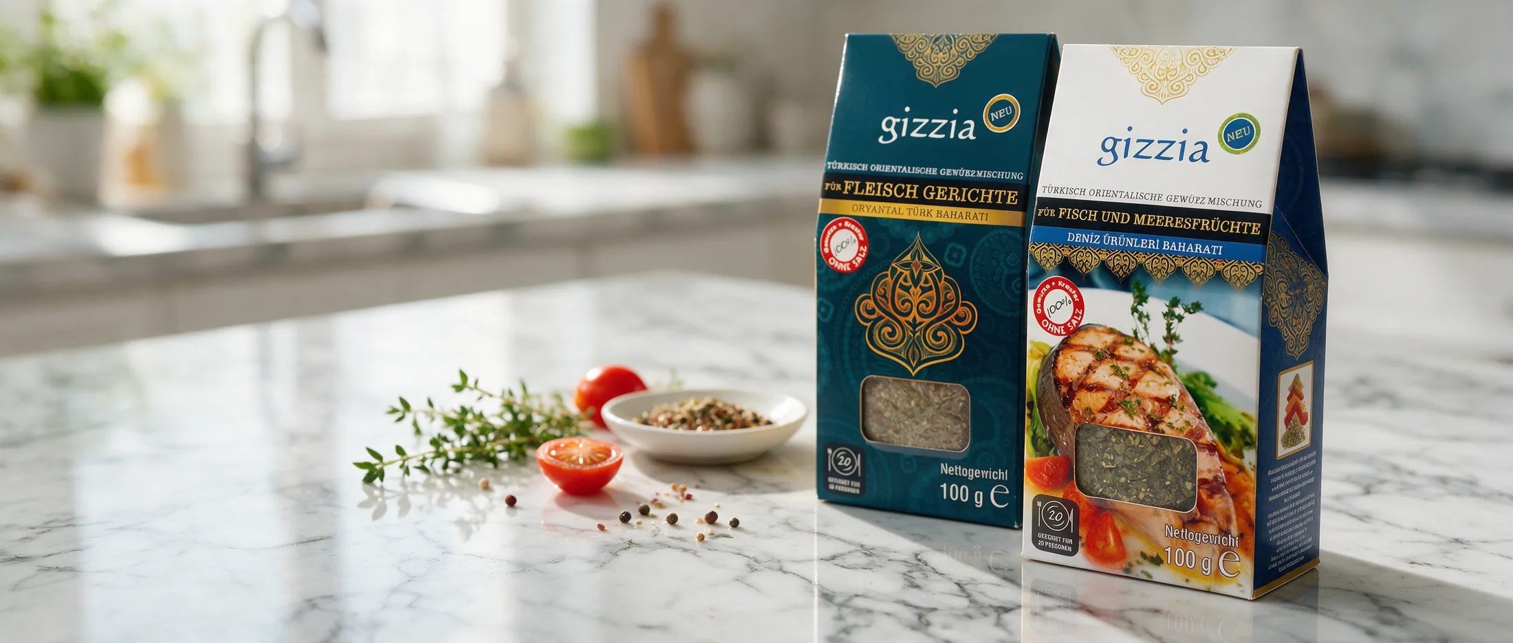 Gizzia et ve deniz ürünleri baharatı ambalajları